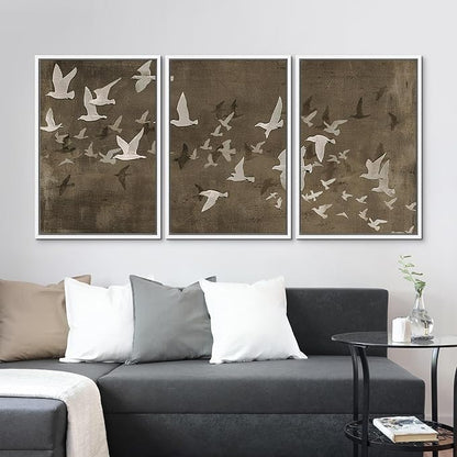 MUDECOR Framed Wall Art Print Set Flock of Abstract Birds in Flight Earthy Tones Illustrations Modern Art Boho Decorative Colorful Chic for Living Room, Bedroom, Office - 16"x24"x3 White