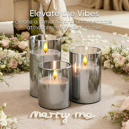 5plots Flameless Battery Operated Candles Set of 3, Gray LED Candles with Remote Timer, Real Wax Glass Pillar Candles Warm Flickering Light for Indoor Home, Halloween, Christmas Decor D3 x H4 5" 6"