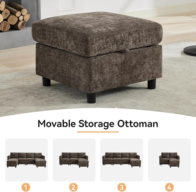 83'' Modular Sectional Sofa Convertible L Shaped Couch Set for Living Room, 4 Seat Storage Modular Sofa with Movable Ottoman, Chenille Brown