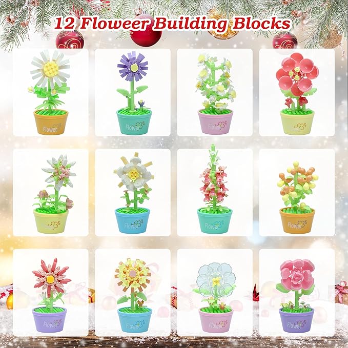 12 Days Advent Calendar 2025 Kids, 12 Packs Flower Building Blocks Set, Advent Calendar 2025 Boys for 6+ Years Old, Christmas Gifts for Girls and Boys, Party Favors (Flower Pot)