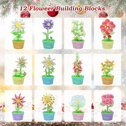 12 Days Advent Calendar 2025 Kids, 12 Packs Flower Building Blocks Set, Advent Calendar 2025 Boys for 6+ Years Old, Christmas Gifts for Girls and Boys, Party Favors (Flower Pot)