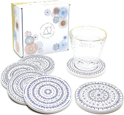 AD Set of 6 Coasters for Drinks Absorbing Round Ceramic Stone Coaster with Cork Base,Tabletop Protection Mat for Mugs and Cups,Office,Kitchen (Nordic Blue with Holder)