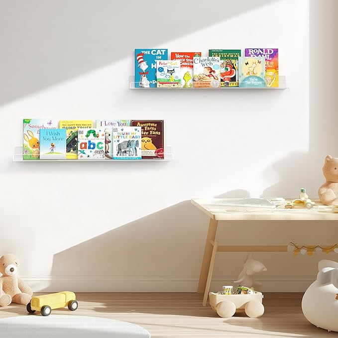 HBlife 24 Inches Floating Shelves Wall Mounted Clear Acrylic Shelves for Figures, 16 Inch Stud Spacing Invisible Floating Bookshelf for Kids and Nursery, 6 Pack (5MM Thick)