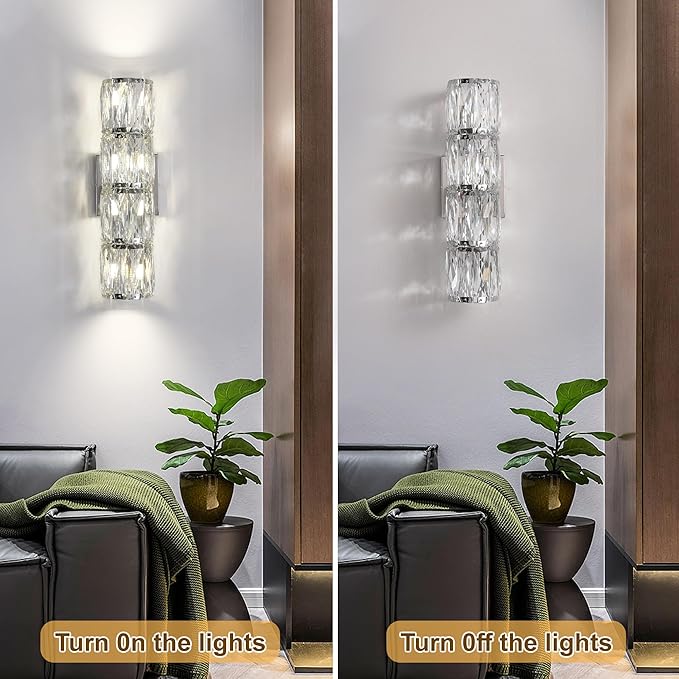 Crystal Wall Sconces Indoor, Modern Sconces Wall Lighting Fixtures Indoor Chrome Wall Mounted Lamp for Bedroom Living Room Hallway Bathroom Vanity Light Fixtures Over Mirror