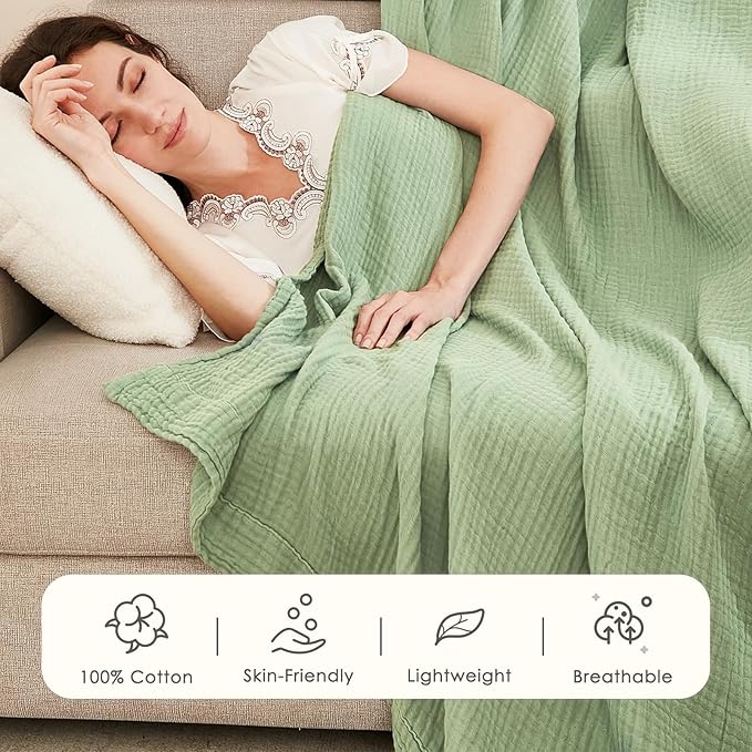EMME Cotton Muslin King Blanket Big Oversized Bed Layering Bedspread Coverlet Breathable Gauze Soft Lightweight Blankets (Sage Green, 120"x94")