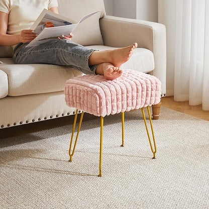IBUYKE Rectangular Footrest Stool Ottoman, Makeup Vanity Stool Side Table, Velvet Dressing Table Seat, Footstool Chair, Golden Steel Legs, for Makeup Room, Bedroom, Square Grid Pattern, Pink WBD003P