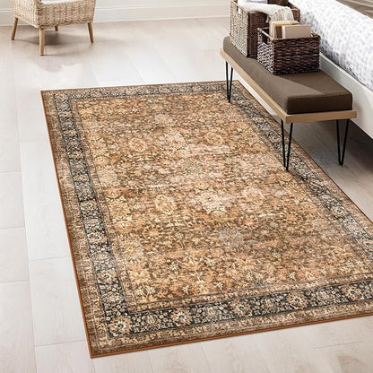 Morebes Area Rug 4x6 Vintage Washable Boho Rugs for Bedroom, Soft Living Room Carpet Non-Slip Non-Shedding Faux Wool Rug for Farmhouse Dining Room Indoor Kids Playroom, Dark Brown