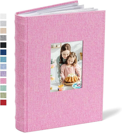 Vienrose Photo Album 4x6 300 Photos Linen Frame Cover with Memo Areas Photobook Large Capacity Slip-in Pictures Book for Wedding Baby Vacation, Pink
