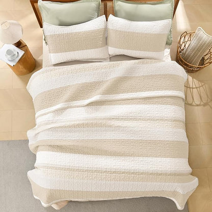 Litanika Quilt Queen Size Beige, Stripe Patchwork Summer Bedspread Coverlet 3 Pieces, Soft Lightweight Microfiber Quilted Bedding Set for All Season(1 Quilt, 2 Pillowcases)
