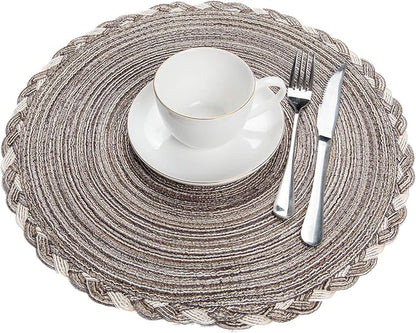 SHACOS Round Placemats Set of 4 Braided Glitter Round Table Placemats 15 inch for Wedding Holiday Party (Multicolor-Light Coffee, 4)