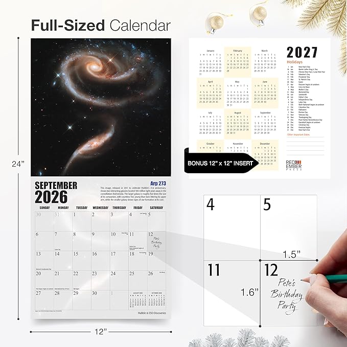 RED EMBER Hubble & ESO Discoveries 2026 Wall Calendar 12 Month | 12" x 24" Open | Thick & Sturdy Paper | Holiday Gift | Space Calendar 2026