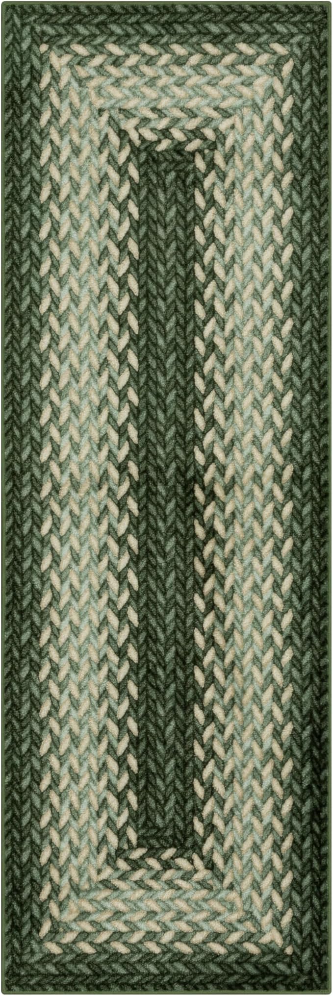 Maples Rugs Marion Bohemian Braided Design Print Runner Rug – Made in USA – Washable, Non Slip Indoor Carpet for Hallway, Kitchen, and Laundry Room, 2' x 6', Green