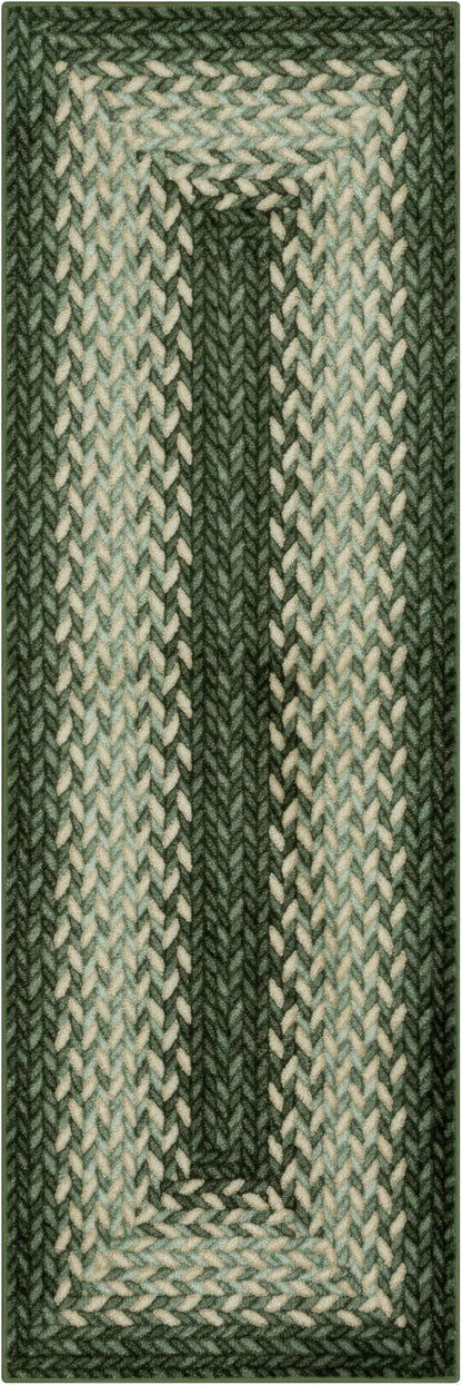 Maples Rugs Marion Bohemian Braided Design Print Runner Rug – Made in USA – Washable, Non Slip Indoor Long Carpet for Hallway, Kitchen, and Laundry Room, 2' x 8', Green
