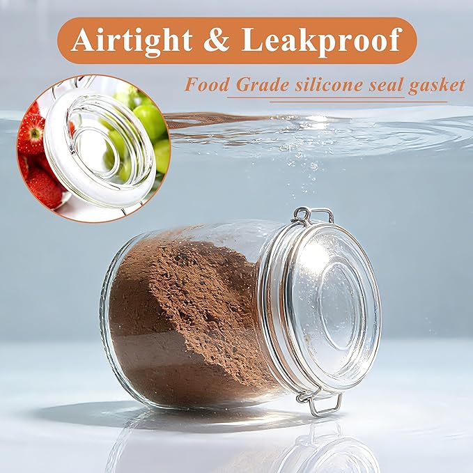 Airtight Glass Jar With Lids 32 OZ Wide Mouth Clear Storage Canisters 2 Pack Leakproof Food Storage Containers Glass Sealed Food Storage Jars With Metal Safety Buckle For Kitchen Pantry Organization