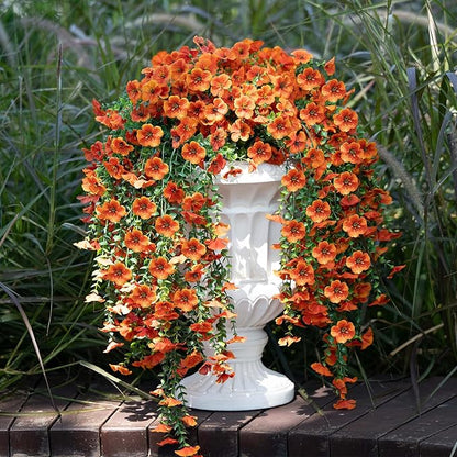 2PCS Artificial Hanging Fall Flowers for Outdoors Decorations, Orange Realistic Faux Silk Daisy with Eucalyptus, UV Resistant Fake Mums for Autumn Home Decor Patio Porch Window Box Front Door