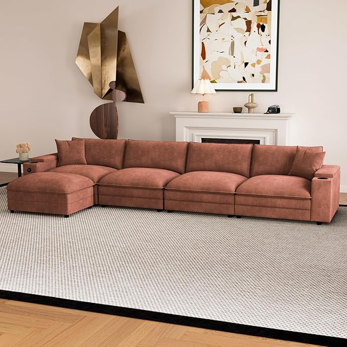 148.7" L Shaped Cloud Sofa Couch with Ottoman, Storage Armrest, Cup Holders, USB & Type-C Ports, Spring Cushions, Solid Wood Frame, Chenille Modular Sectional for Living Room (Coffee-L-148.7")
