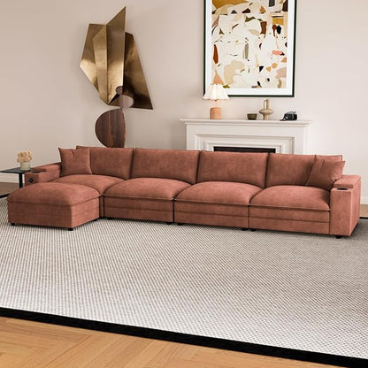 148.7" L Shaped Cloud Sofa Couch with Ottoman, Storage Armrest, Cup Holders, USB & Type-C Ports, Spring Cushions, Solid Wood Frame, Chenille Modular Sectional for Living Room (Coffee-L-148.7")