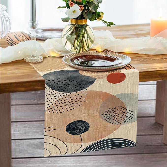 Boho Modern Geometric Dining Table Runner, Circle Abstract Art Burlap Kitchen Decoration, Minimalist Indoor Outdoor Home Decor Party Supply 13 x 72 Inches