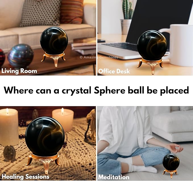 Amazing Gemstone Black Onyx Crystal Ball with Stand - 1.5" Inches Crystal Sphere Meditation Balls for Witchcraft and Decorative Balls