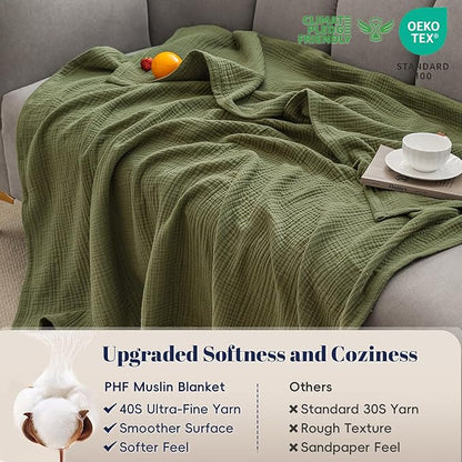 PHF 100% Cotton Muslin Blanket Twin XL Size 66"x90", 4-Layer Lightweight Gauze Throw, Breathable Cloud-Soft Minimalist Blanket for Bed, Couch, Camping & Baby, Olive Green, Ideal Gift