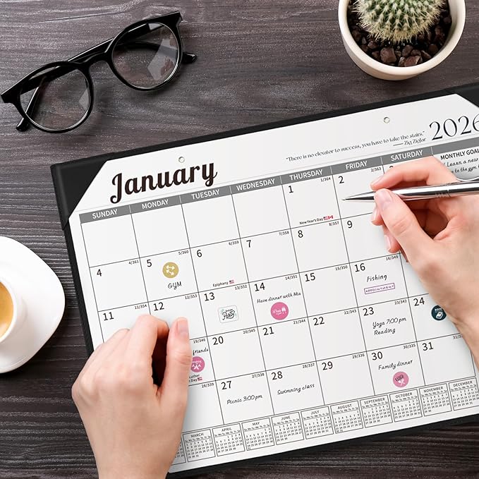 Ospelelf Desk Calendar 2026-2027 Wall Monthly Planner 12"x17" Leather Pad with Protective Cover 18 Months January 2026 - June 2027 Black