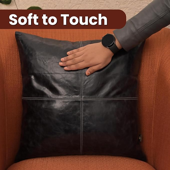 LL LEATHER LOVERS Lambskin Leather Pillow Cover - Sofa Cushion Case - Decorative Throw Covers for Living Room & Bedroom, 14x14 Inches - Ink Blue Plain Pack of 1
