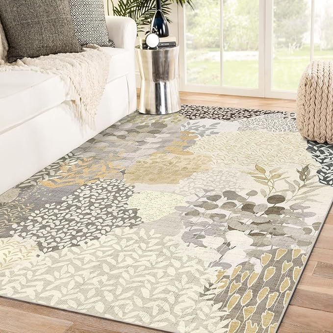 DEXDE 5x7 Area Rugs, Washable Non-Slip Abstract Boho Soft Rug for Living Room Bedroom,Leaves Floral Print Large Carpet for Entryway Playroom Office, Gray