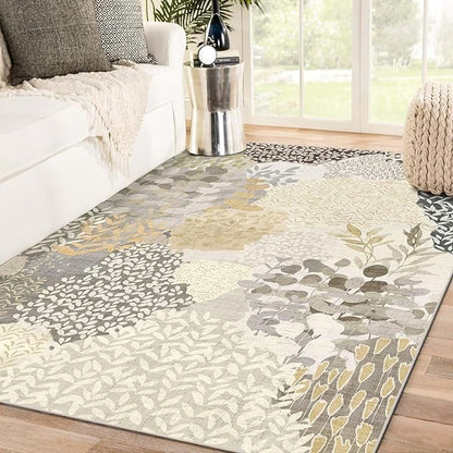 DEXDE 5x7 Area Rugs, Washable Non-Slip Abstract Boho Soft Rug for Living Room Bedroom,Leaves Floral Print Large Carpet for Entryway Playroom Office, Gray