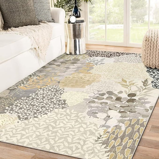 DEXDE 5x7 Area Rugs, Washable Non-Slip Abstract Boho Soft Rug for Living Room Bedroom,Leaves Floral Print Large Carpet for Entryway Playroom Office, Gray