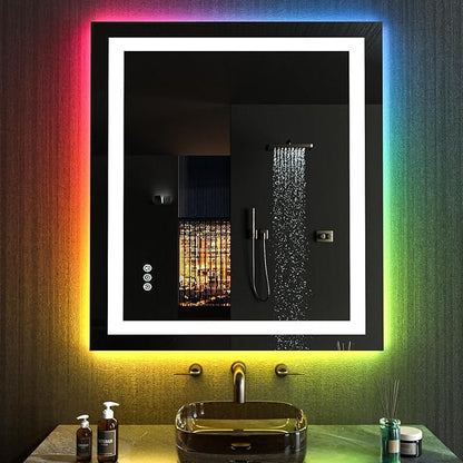 LOAAO 24"x36" LED Bathroom Mirror with Lights, Anti-Fog, Dimmable, RGB Backlit + Front Lighted, Bathroom Vanity Mirror for Wall, Memory Function