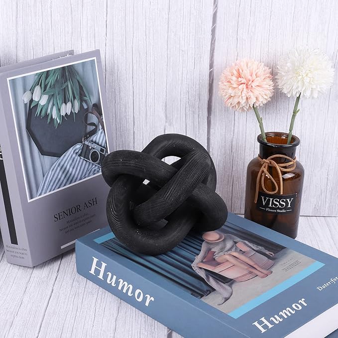 3-Link Wood Chain Link Decor, Coffee Bar Table Decor, Farmhouse Wood Chain Knot Boho Hand Carved Decorative Wood Link Chain for Entryway Dinning Table Bookshelf Tiered Tray Home Decor (Black)
