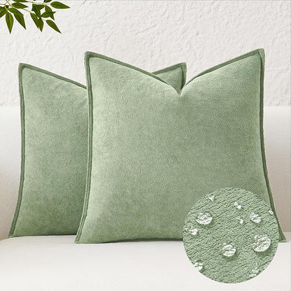 Kevin Textile Spring Waterproof Decorative Pillow Covers Sage Green 16x16 Inch Pack of 2 Soft Boucle Textured Throw Pillowcases Elegant Accent Pillows for Couch Sofa Chair Bed Home Decor