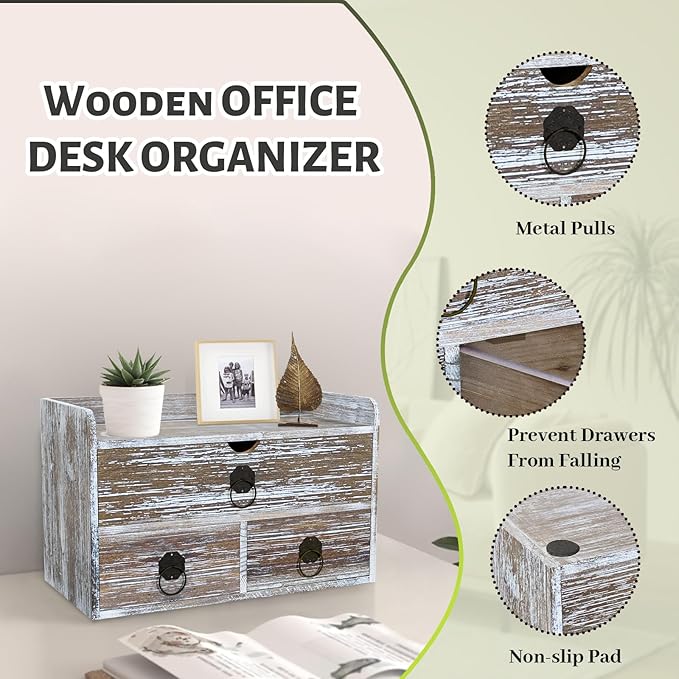 Wood Desk Organizer with Drawer, Washed Brown Wooden Desktop Organizer, Tabletop Storage Organization Box for Countertop, Home Office Supplies (3 Drawer and Shelf)