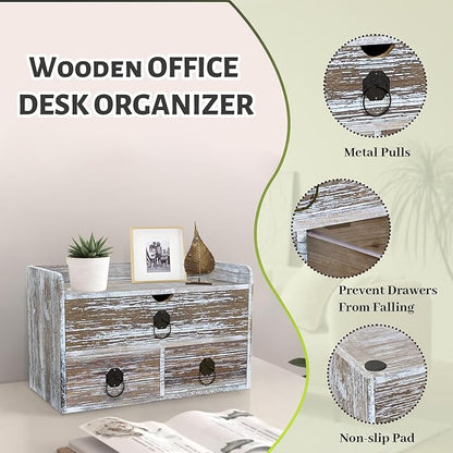Wood Desk Organizer with Drawer, Washed Brown Wooden Desktop Organizer, Tabletop Storage Organization Box for Countertop, Home Office Supplies (3 Drawer and Shelf)
