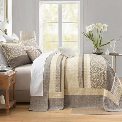 Lightweight Queen Bedspreads 120x102, 100% Cotton Oversized Quilt, Striped Botanical Pattern Coverlet, Reversible Farmhouse Quilted Bedding Set 3 Piece, Brown/Taupe/Cream