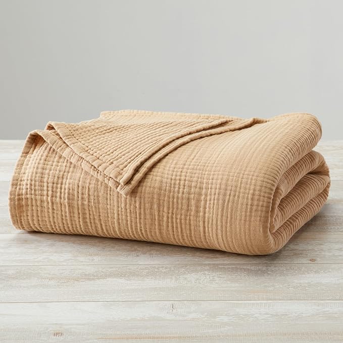 100% Cotton Muslin Full Queen Size Blanket | Soft, Breathable, and Lightweight Bed Blanket for All-Season | Perfect for Layering | Maria Collection (Full/Queen, Beige)