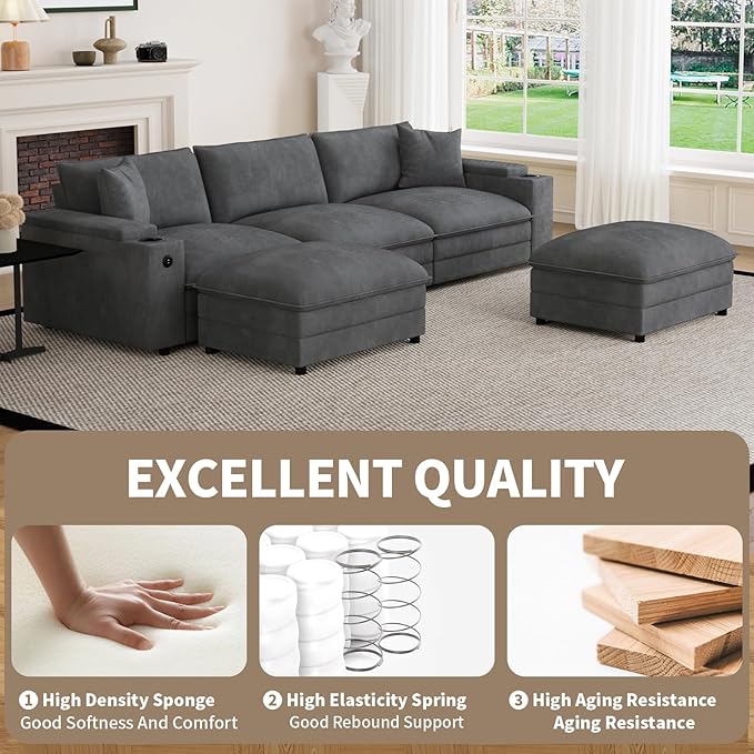 115" U Shaped Cloud Sofa Couch with Ottoman, Storage Armrest, Cup Holders, USB & Type-C Ports, Spring Cushions, Solid Wood Frame, Chenille Modular Sectional for Living Room (Dark Gray-U-115.2")