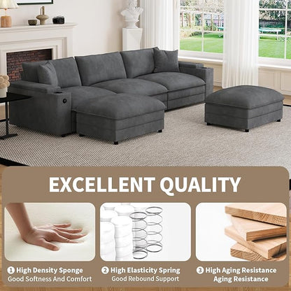 115" U Shaped Cloud Sofa Couch with Ottoman, Storage Armrest, Cup Holders, USB & Type-C Ports, Spring Cushions, Solid Wood Frame, Chenille Modular Sectional for Living Room (Dark Gray-U-115.2")