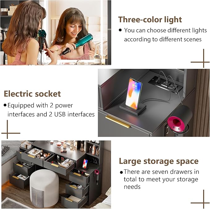 Large Makeup Vanity Desk with Lighted Mirror & Power Outlet,Dresser Table with 3 Lighting Modes Brightness Adjustable,Drawers,Shelves,Hair Dryer Stand for Bedroom,Black (No Stool)