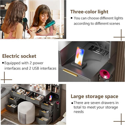Large Makeup Vanity Desk with Lighted Mirror & Power Outlet,Dresser Table with 3 Lighting Modes Brightness Adjustable,Drawers,Shelves,Hair Dryer Stand for Bedroom,Black (No Stool)