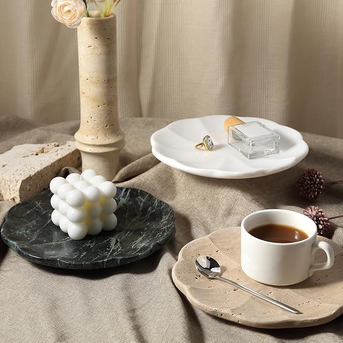 Koville Marble Tray, 8" Round Marble Vanity Tray for Jewelry Trinket Perfume, Natural Stone Tray for Bathroom Kitchen Dresser Countertop, Scalloped Decorative Tray for Home Table Decor(White)