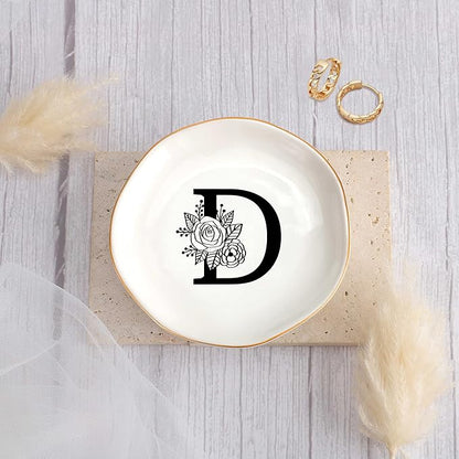 JoycuFF Initial D Ceramic Jewelry Tray, Bridesmaid Bride Gifts, Mothers Day Christmas Anniversary Engagement Birthday Gifts for Women Couples, Trinket Dish for Rings Earrings Necklaces Bracelets Keys