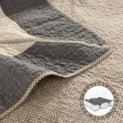 Oversized King Bedspread 128"x120" - 100% Cotton Lightweight California King Quilt with 2 Pillowshams, Printed Plaid Extra Wide Quilted Bedding Coverlet for All Season, Charcoal/Beige/Brown