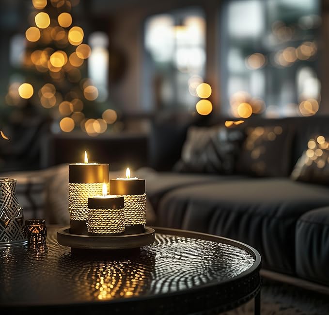 IYARA CRAFT Tealight Candle Holders with Tray – Set of 3 Rustic Black Wooden Candle Holders with Natural Rope Accent, Cozy Home Décor Centerpiece for Living Room, Christmas & Housewarming Gifts