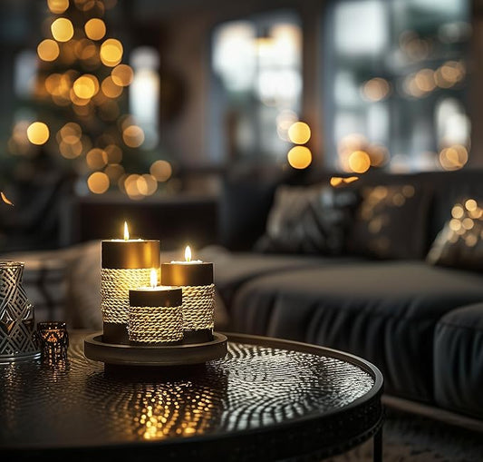 IYARA CRAFT Tealight Candle Holders with Tray – Set of 3 Rustic Black Wooden Candle Holders with Natural Rope Accent, Cozy Home Décor Centerpiece for Living Room, Christmas & Housewarming Gifts
