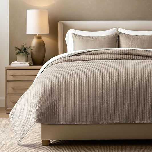 EVERGRACEHOME Cotton Sateen Quilt Set Queen Size, Pre-Washed Cotton Channel Stitch Coverlet Bedspread, 3 Pieces Lightweight Soft Bedding Sets for All Season, with 2 Pillow Shams, Stone Taupe