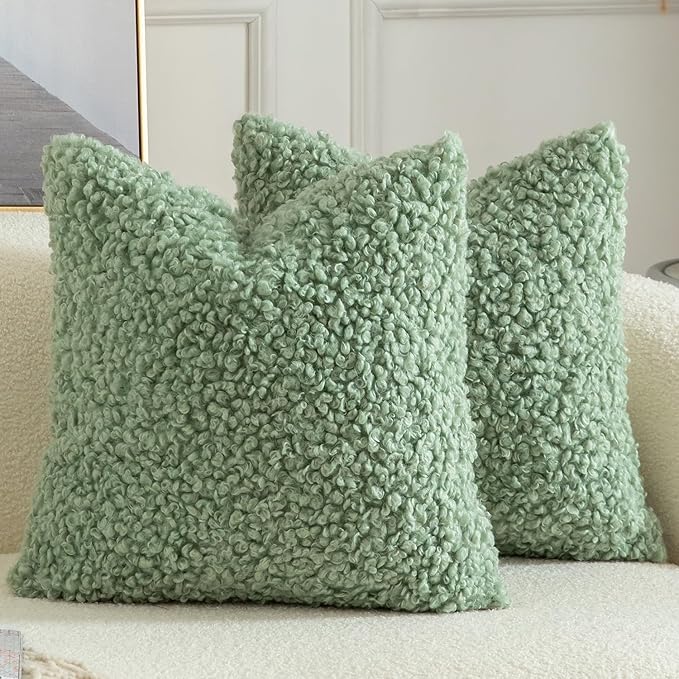 Yaertun Pack of 2 Faux Fur Throw Pillow Covers Decorative Sherpa Boucle Pillow Covers Fuzzy Soft Pillowcases Sheepskin Fleece Cushion Case for Couch Sofa Bed Living Room 20x20 Inch Sage Green