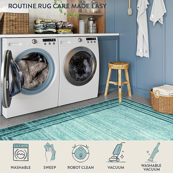 Lahome Abstract Runner Rug,Teal 2.5x12 Hallway Runners Rug Washable Non-Slip Long Kitchen Rugs Runner,Low-Pile Soft Runner Rugs for Hallway 12 ft Minimalist Solid Indoor Carpet Runner for Entryway