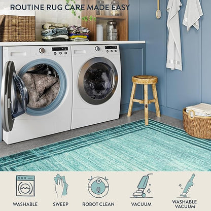 Lahome Abstract Runner Rug,Teal 2.5x12 Hallway Runners Rug Washable Non-Slip Long Kitchen Rugs Runner,Low-Pile Soft Runner Rugs for Hallway 12 ft Minimalist Solid Indoor Carpet Runner for Entryway