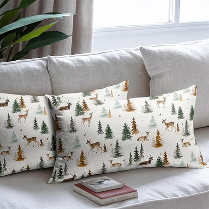 Watercolor Deer Spring Pillow Covers 12x20 Set of 2 Forest Tree Throw Pillow Covers Rustic Pillowcase Linen Decoration Farmhouse Soft Decorative Green Brown Cushion Case Couch for Indoor Home Decor